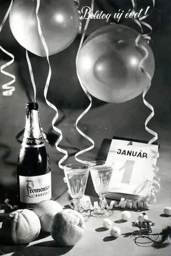 Happy New Year greetings 1st January calendar page, decorative balloons, champagne bottle and glasses