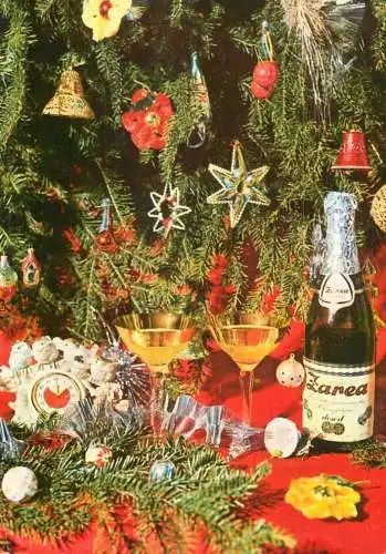 New Year greetings decorated Christmas tree, champagne bottle & glasses