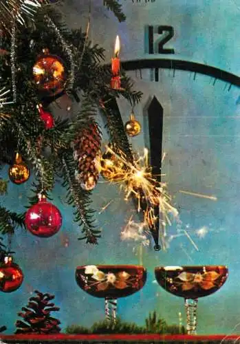 New Year greetings twelve o'clock, champagne glasses & decorated Christmas tree