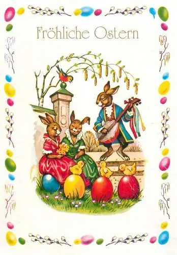 Easter greetings rabbit guitar singer serenading ladies humorous illustration