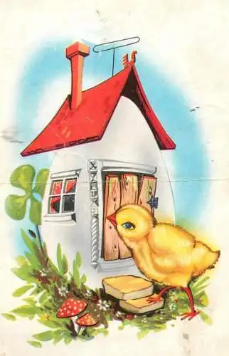 Easter greetings chicken mushroom house