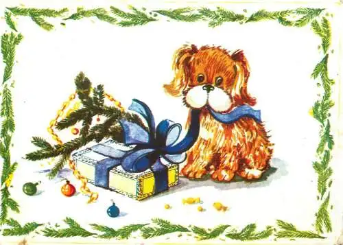 Dog with wrapped gift funny drawing