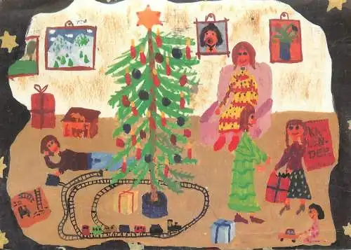 Family types exchanging gifts on Christmas night Christine Giesel drawing
