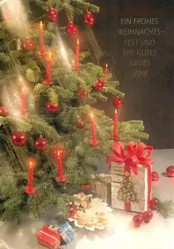 Winter Holidays greetings decorated Christmas tree partial view