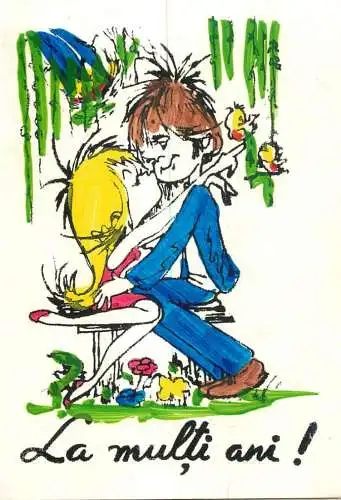 Birthday greetings couple romantic kissing caricature