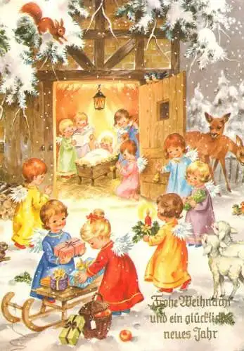 Winter Holidays greetings angels & Baby Jesus illustration
