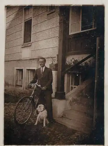 Anonymous persons man with bicycle and dog instant vintage photo
