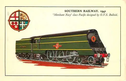Transport postcard train Southern railway 1941 Merchant Navy class Pacific