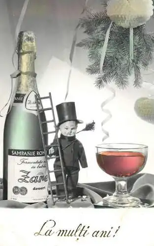 Winter Holiday greetings champagne bottle & chimney sweep lucky charm