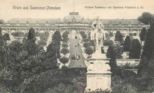 Germany Potsdam Gruss aus Sanssouci Schloss mit Denkmal Friedrich d. Gr.