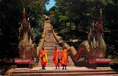 Postcard Thailand Dragon staircase Chiengmai Doi Suthep