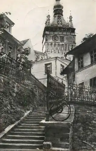 Postcard Romania Sighisoara turn cu ceas timbru fluture