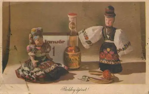 Postcard Hungary traditional costume and palinka