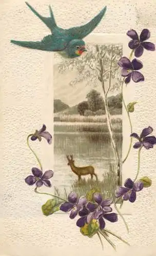 Postcard lake landscape and deer dove flower