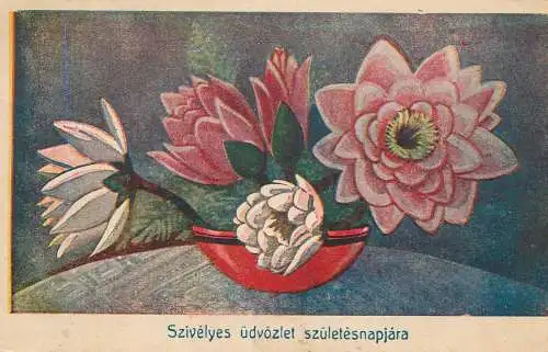 Postcard holiday postcard Flower vase painting Hungary