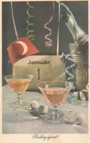 Postcard holiday postcard New Year scene and champagne glass Hungary