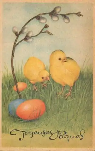 Postcard holiday postcard Easter scene and egg basket Joyeauses Paques