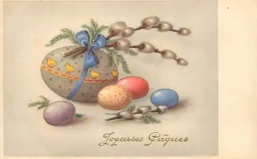 Postcard holiday postcard Easter scene and egg basket Joyeauses Paques