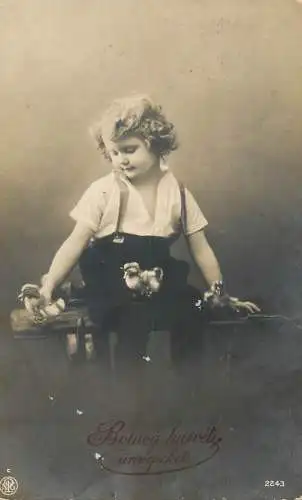 Postcard child and pchicken Boldog husvety unnepeket