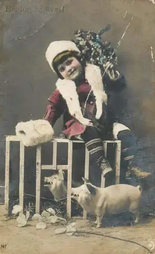 Postcard child and piglets Christmas New Year Hungary