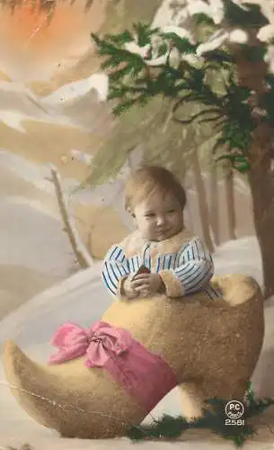 Postcard children inside giant show winter scenery