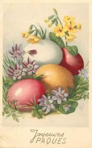 Postcard holiday Easter scene egg basket Joyeuses Paques
