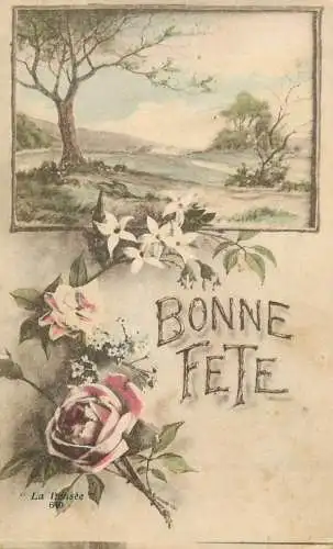 Postcard holiday Bonne Fete flower bouquet