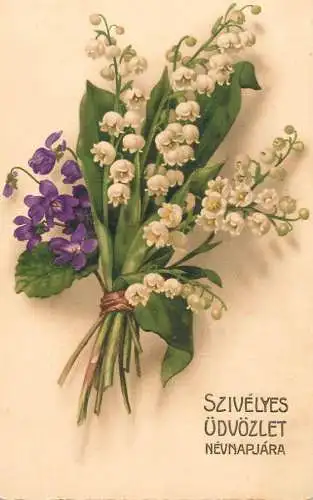 Postcard flower bouquet Szivelyes Udvozlet
