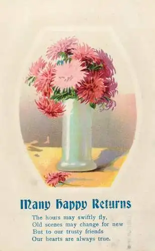 Postcard birthday many happy returns flower vase