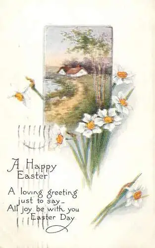 Postcard Easter flower bouquet and landscape