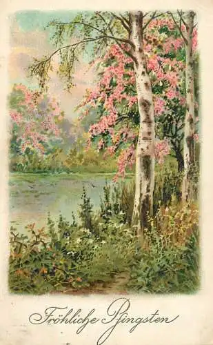 Postcard lake landscape and flowers Frohliche Pfingsten