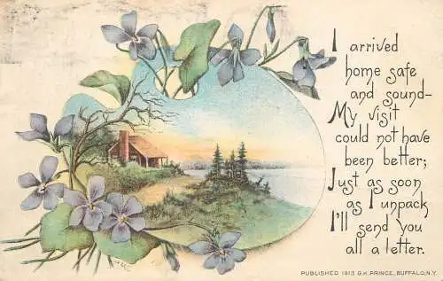 Postcard flower blue and lake side cottage