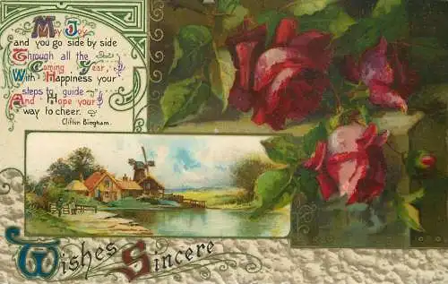 Postcard landscape best wishes windmill