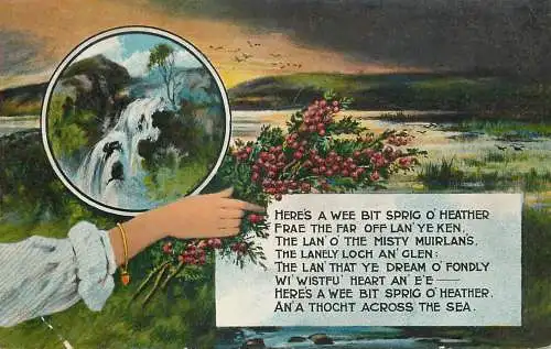 Postcard flower bouquet and waterfall landscape