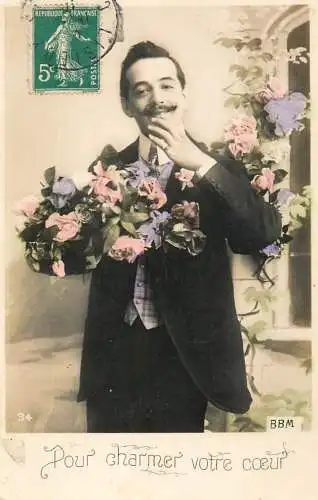Fancy portrait elegant man moustache flower bouquet