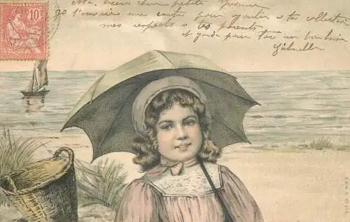 Fancy portrait smile umbrella sailboat basket child girl