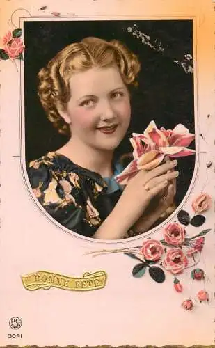 Fancy portrait beauty smile elegance woman coiffure flower Bonne Fete