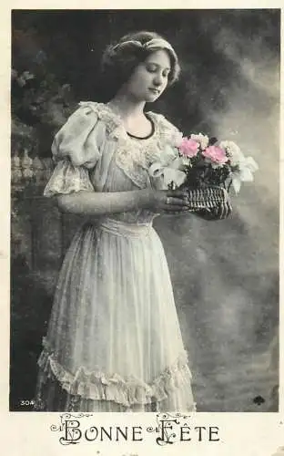 Fancy portrait beauty smile elegance woman coiffure flower bouquet