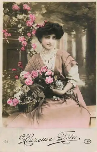 Fancy portrait beauty smile elegance hat flower bouquet