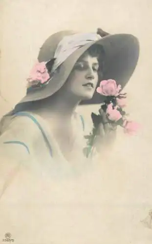 Fancy portrait beauty woman smile dress hat flower bouquet