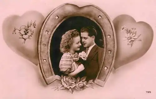 Fancy portrait couple love beauty coiffure flower bouquet horseshoe 1949