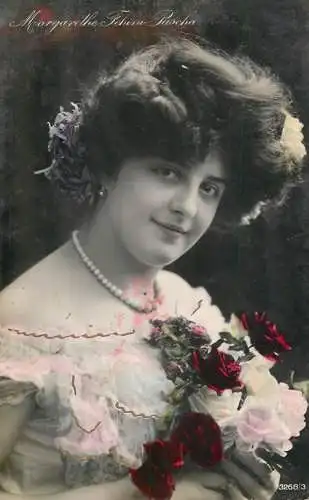 Fancy portrait woman white dress coiffure and pearls