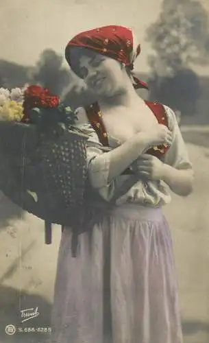 Fancy portrait woman and flower basket beauty