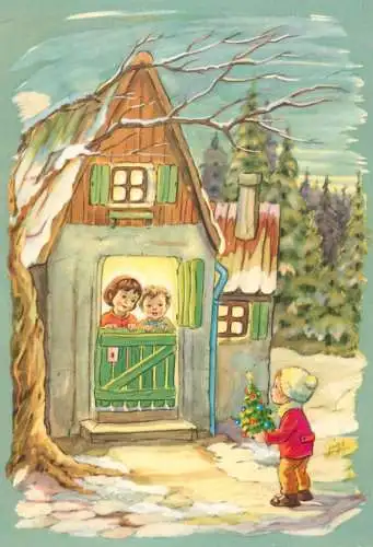 Holiday postcard Christmas scene and children snow