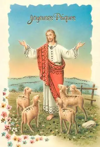Holiday postcard Easter scene Jesus lambs Joyeuses Paques