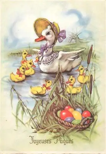 Holiday postcard Easter scene Joyeuses Paques egg basket