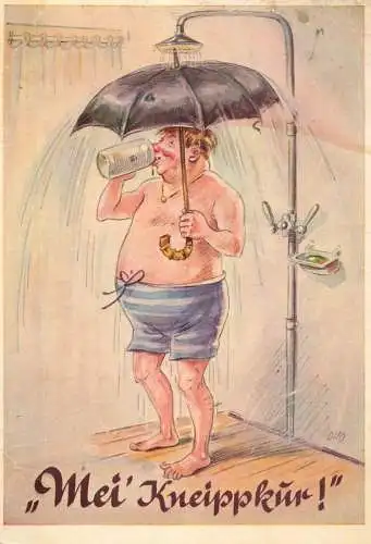 Comics postcard man in umbrella under shower