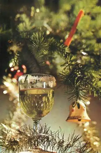 Holiday postcard Christmas Romania globes and tree candle Champagne glass