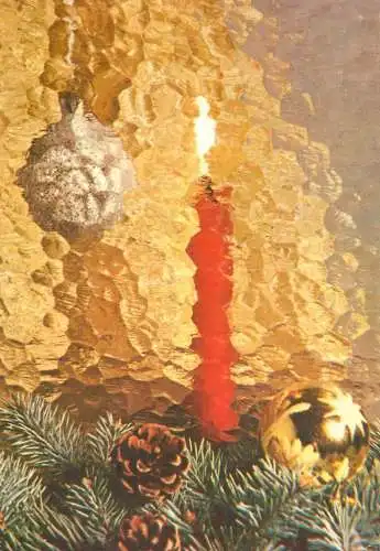 Holiday postcard Christmas Romania globes and tree candle