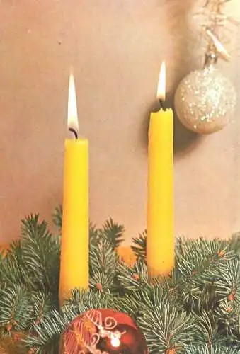 Holiday postcard Christmas Romania globes and tree candle